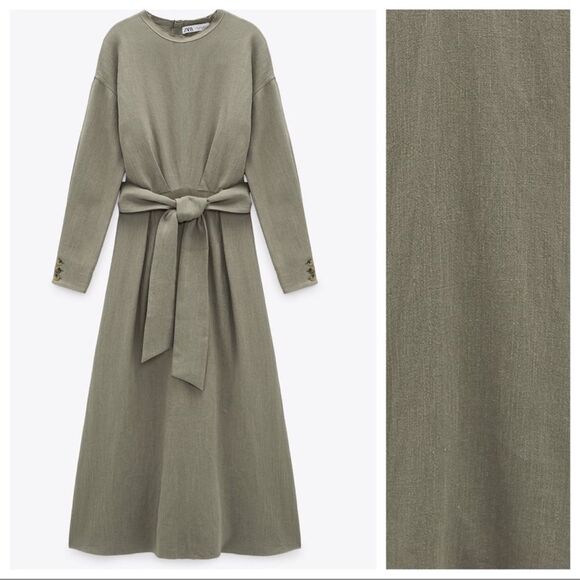 SOLD❌Zara Linen blend khaki midi dress - Picture 2 of 15
